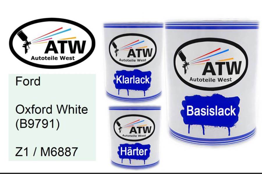 Ford, Oxford White (B9791), Z1 / M6887: 1L Lackdose + 1L Klarlack + 500ml Härter - Set, von ATW Autoteile West.
